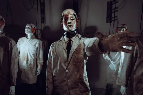 Creepy figures in lab coats with eerie masks in a haunted house setting.