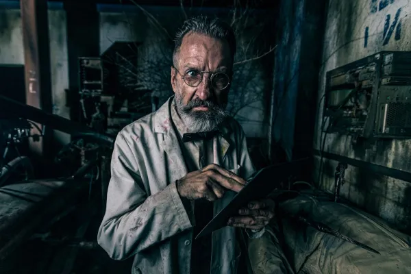 Creepy scientist character in a haunted house setting.